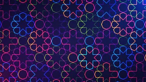 Eid Mubarak abstract light background with glowing neon geometric islamic pat Stock Illustration