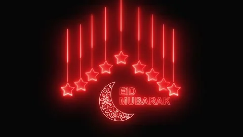 Eid mubarak animation with red neon. Eid mubarak stars and moon decoration... Stock Footage 337813548