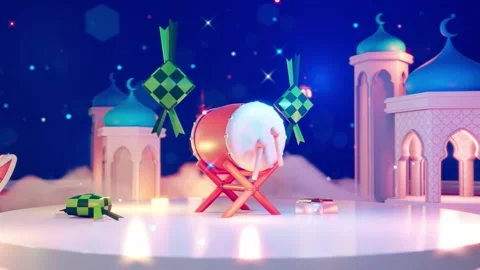 Eid Mubarak Background with Bedug Drum and Islamic Decoration Stock Footage 185836806