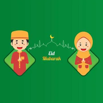 Eid Mubarak Background with Character  Stock Illustration