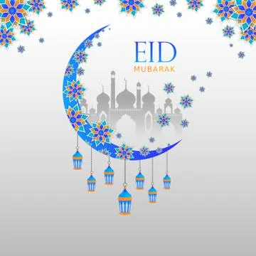 Eid Mubarak Background Greeting and Wishes with Floral Moon and Lamp. Stock Illustration