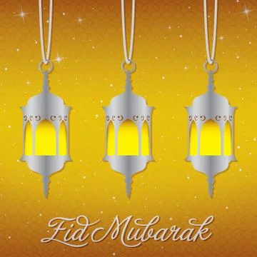 "Eid Mubarak" (Blessed Eid) lantern greeting card in vector format. Stock Illustration