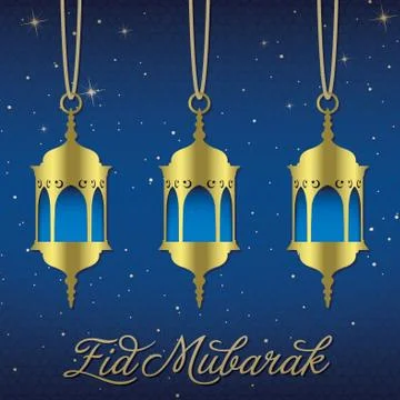 "Eid Mubarak" (Blessed Eid) lantern greeting card in vector format. Stock Illustration