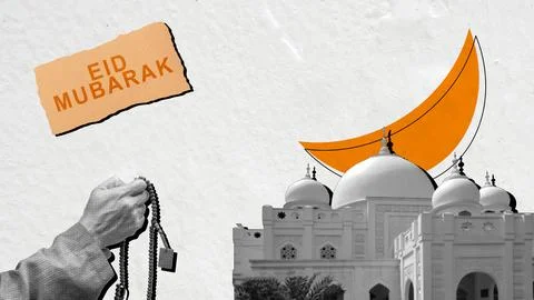 Eid Mubarak celebration elements, including a mosque, crescent moon, a hand.. Stock Photos