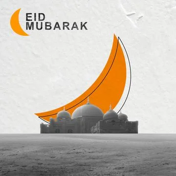 Eid Mubarak celebration message with a stylized mosque silhouette and a cre.. Foto stock