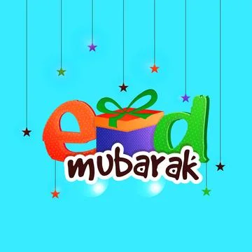 Eid Mubarak with Gift Box on colourful hanging stars decorated background, .. Stock Illustration