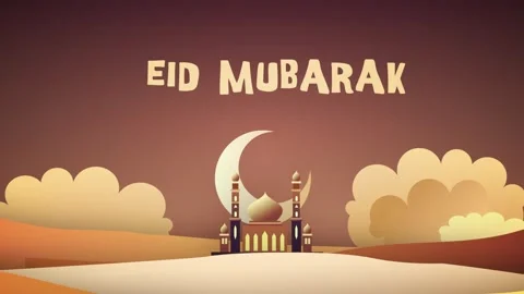 Eid Mubarak greeting animation with mosque, moon, and clouds. Islamic celeb.. Stock Footage 304933062
