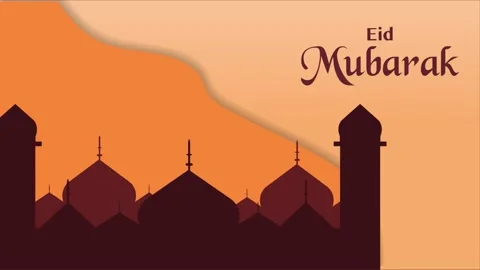 Eid Mubarak Greeting Design with Mosque Silhouette Orange Background 4K Video stock 332133996