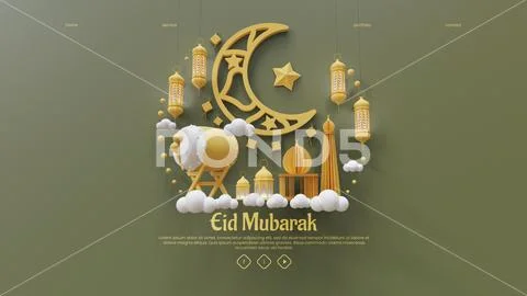 Eid Mubarak Landing Page Template With Crescent 3D Render Illustration PSD Template