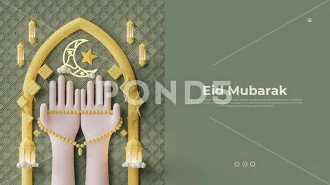 Eid Mubarak Landing Page Template With Pray Hand Gesture 3D Render Illustrati PSD Template