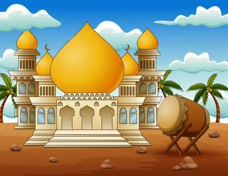 Eid Mubarak with mosque, islamic drum in the desert Stock Illustration