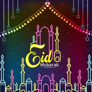 Eid Mubarak neon vector.Happy Eid Mubarak festive card design template in modern 库存插图