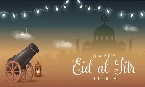 Eid Mubarak Poster Design with 3D Realistic Canon Stock Illustration