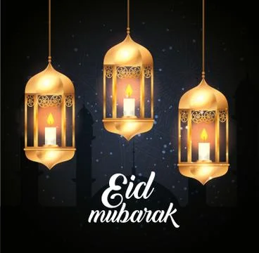 Eid mubarak poster with lanterns hanging and decoration 스톡 일러스트