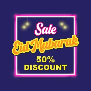 Eid Mubarak sale banner for advertisement Muslim holiday, neon style Stock Illustration