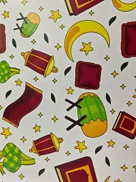 Eid Mubarak Seamless Pattern with Islamic Symbols, Quran, Lanterns, and Ketu Illustrazione stock