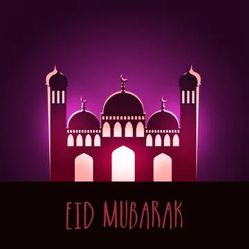 Eid Mubarak Text With With Beautiful Mosque on Purple Background. Stock Illustration