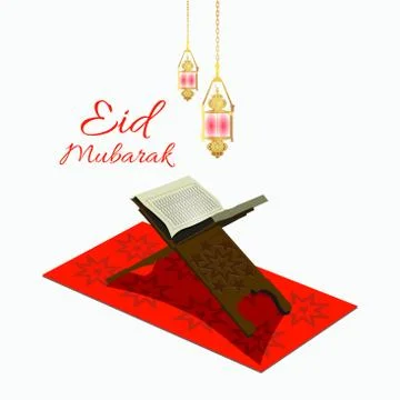 Eid Mubarak as text calligraphy and moon, quran and lantern a festival widely Stock Illustration