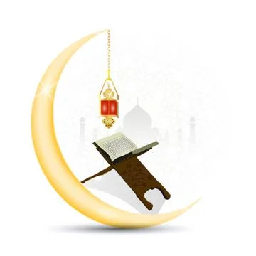 Eid Mubarak as text calligraphy and moon, quran and lantern a festival widely Illustrazione stock