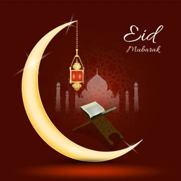 Eid Mubarak as text calligraphy and moon, quran and lantern a festival widely Illustrazione stock