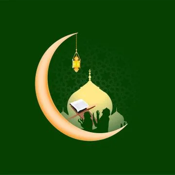 Eid Mubarak as text calligraphy and moon, quran and lantern a festival widely 스톡 일러스트