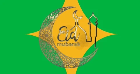 Eid mubarak text with crescent moon and mosque icon against transparent Stock Footage 318432798