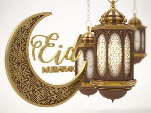 Eid Mubarak text, moon and lantern isolated on white background. 3D illustrat Stock Illustration