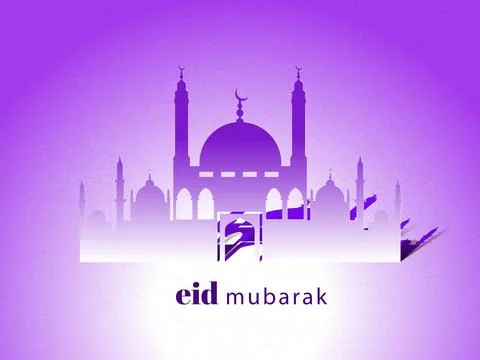 Eid Mubarak Text on Mosque Silhouette Background For Muslim Community Greet.. Stock Illustration