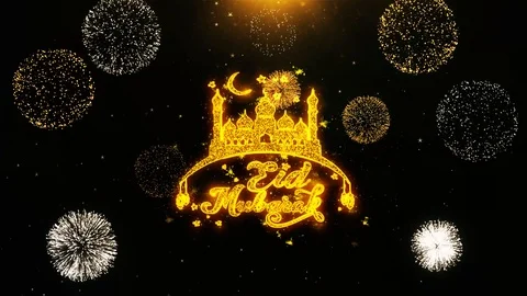 Eid Mubarak Text wish on Firework Display Explosion Particles. Stock Footage 116283402