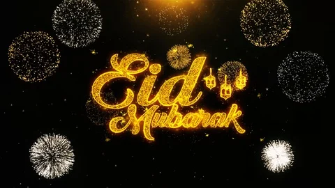 Eid Mubarak Text wish on Firework Display Explosion Particles. Stock Footage 116283767