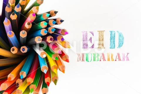 Eid Mubarak, traditional Muslim greeting.Paint by color pencil with color pencil Stock Photos