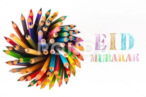 Eid Mubarak, traditional Muslim greeting.Paint by color pencil with color pencil Stock Photos