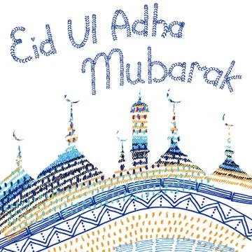 Eid Mubarak vector sketch mosque - Translation of text : Eid Ul Adha Mubarak - Stock Illustration
