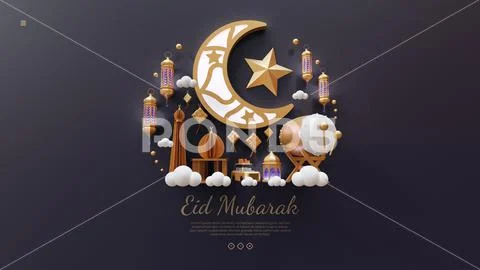 Eid Mubarak Web Page Template With Crescent 3D Render Illustration PSD Template