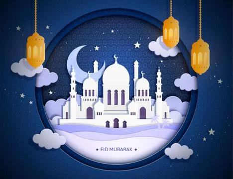 Eid mubarak white mosque Stock Illustration