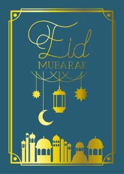 Eid mubaray frame with mosque and lamps ,moon hanging Ilustração Stock