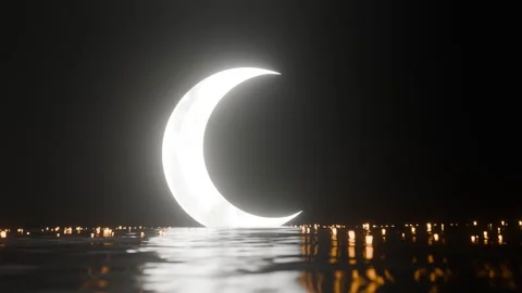 Eid Ramadan Moon Light Reflection on Water with Festival Lamp Loop Stock Footage 329169047
