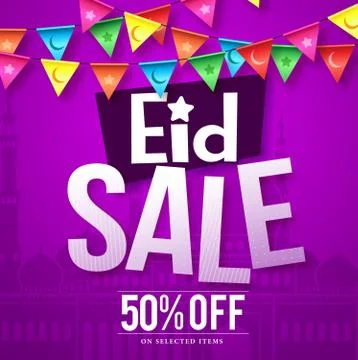Eid sale vector design in purple background with mosque Stock Illustration