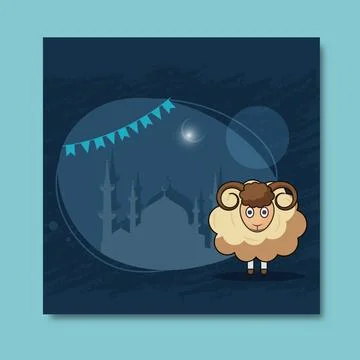 Eid ul-Adha Mubarak Post with Cartoon Sheep and Paper Mosque at Crescent Mo.. Stock Illustration