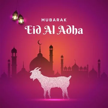 Eid ul Adha Purple Gradient Banner Unique Design Mosque and Goat, Vector art Stock Illustration