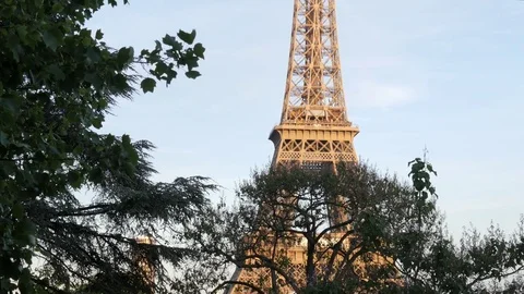 The Eiffel Tour in Paris in evening vertical slide with green trees crowns Stock Footage 76350266