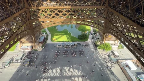 Eiffel Tower from above overlooking Paris tourists, Paris, France Stock Footage 334119054