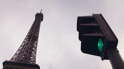 Eiffel Tower Above Stoplight in Paris Day Stock Footage 93157281