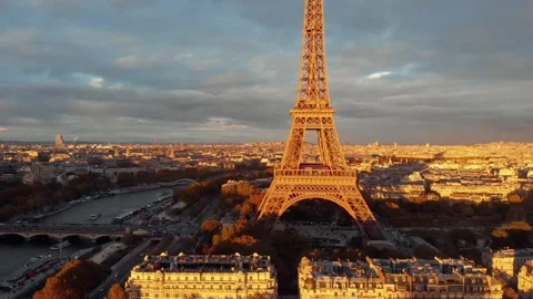Eiffel Tower Aerial Close Up View At Sunset Paris France 動画素材 131223097
