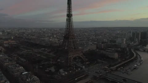 Eiffel Tower Aerial View Overlooking Cityscape at Sunset Stock Footage 330992678
