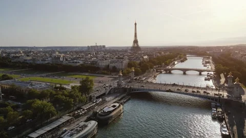 Eiffel tower and Alexander 3 bridge in Paris, France Stock Footage 256293376