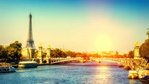 Eiffel Tower and Alexander III Bridge. Paris, France. City travel, timelapse, 4K Stock Footage 71199060
