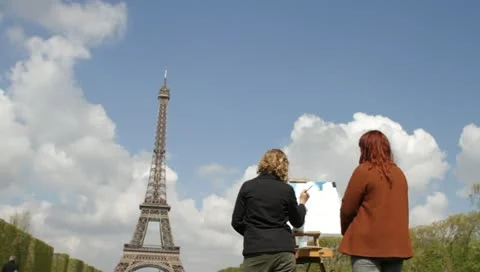 Eiffel Tower and Artists Stock Footage 10913043