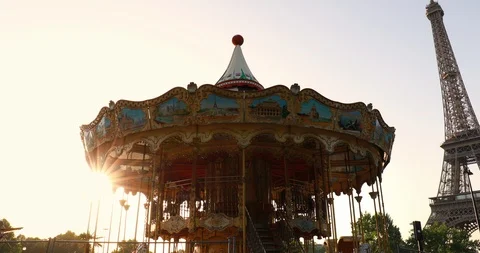 Eiffel Tower and carousel Stock Footage 129636399