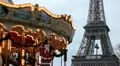 Eiffel Tower and Carousel (merry go round) in Paris, France, French Architecture HD Footage